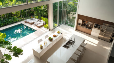 An aerial view of a high-end modern kitchen, with a wide white island, stainless steel finishes, and large windows framing a view of a lush outdoor pool area. -の素材
