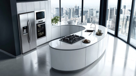 A luxury modern kitchen captured from above, with a wide island, glossy white worktops, stainless steel fridge and oven, and panoramic windows overlooking the city skyline.の素材