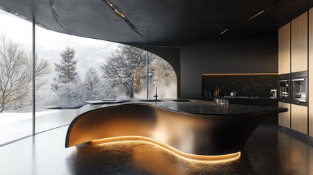 A futuristic kitchen with a curved pastel brown counter, black surfaces, and minimalist accents. Large windows create a seamless connection to the outdoors.の素材