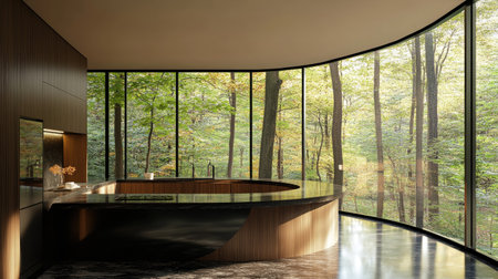 A sophisticated kitchen interior featuring a curved counter in pastel brown laminate, black surfaces, and large, airy windows with views of a tranquil forest.の素材