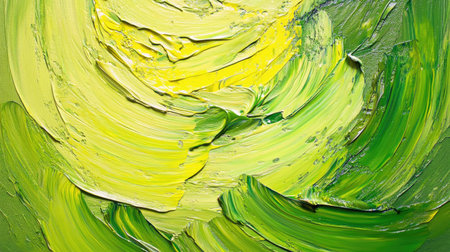 Bright lime green and yellow oil paint strokes, swirling together with visible texture and brush patterns to create an energetic backgroundの素材