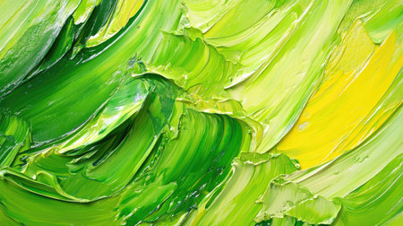 Bright lime green and yellow oil paint strokes, swirling together with visible texture and brush patterns to create an energetic backgroundの素材