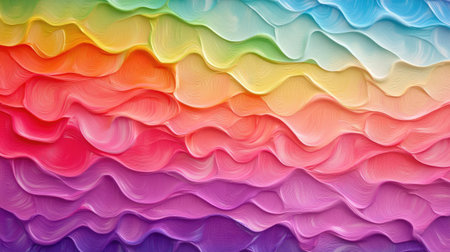 Rainbow oil paint texture featuring a smooth gradient of vibrant colors with soft, wavy brushstroke patterns across the canvasの素材