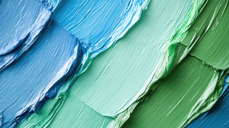 Abstract close-up of vibrant blue and green oil paint strokes with thick texture and visible brush marks, creating a bold and artistic backgroundの素材