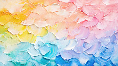 Rainbow oil paint texture featuring a smooth gradient of vibrant colors with soft, wavy brushstroke patterns across the canvasの素材
