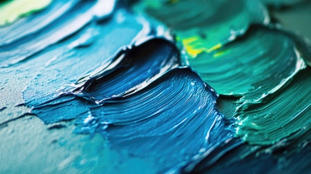 Abstract close-up of vibrant blue and green oil paint strokes with thick texture and visible brush marks, creating a bold and artistic backgroundの素材