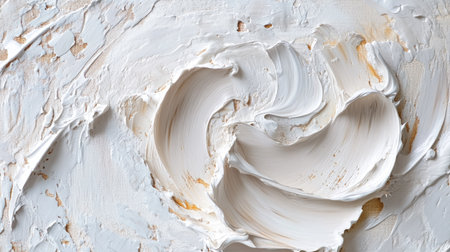 Thick layers of white and cream oil paint with swirling patterns and visible palette knife textures for a neutral and classic backdropの素材