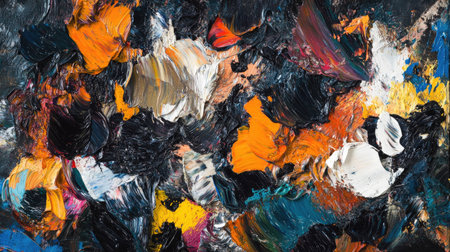 Abstract close-up of multicolored oil paint strokes, featuring bold contrasts and intricate texture with thick impasto techniqueの素材