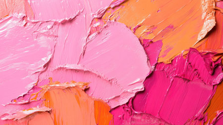 Vibrant pink and orange oil paint texture with thick, dynamic brush marks and high-contrast highlights, evoking warmth and energyの素材