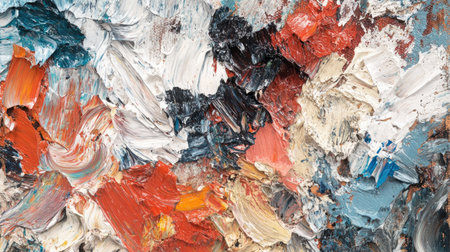Abstract close-up of multicolored oil paint strokes, featuring bold contrasts and intricate texture with thick impasto techniqueの素材