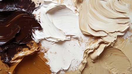 Earthy tones of brown, ochre, and cream blended in thick oil paint layers with rough, organic brushstrokes as a rustic backdropの素材