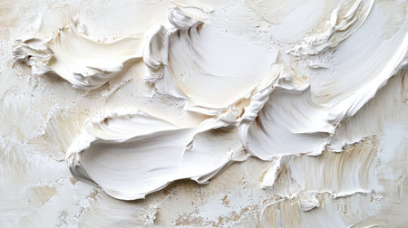 Thick layers of white and cream oil paint with swirling patterns and visible palette knife textures for a neutral and classic backdropの素材