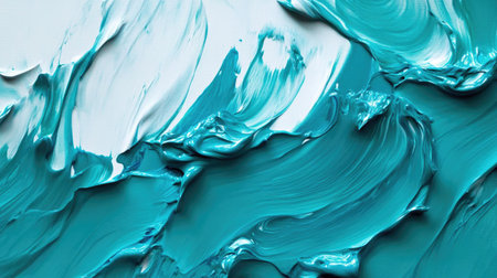 Abstract texture of vibrant turquoise and teal oil paint with bold streaks and contrasting white highlights, creating energy and depthの素材