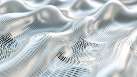 Abstract 3D white grid with a wavy, undulating surface, giving a futuristic and fluid texture to the backgroundの素材