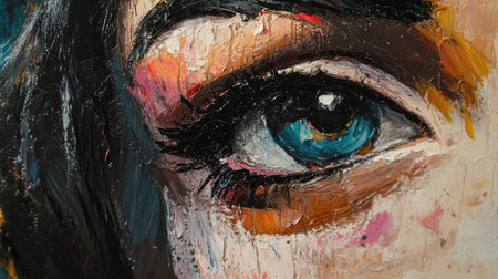 Abstract close-up of multicolored oil paint strokes, featuring bold contrasts and intricate texture with thick impasto techniqueの素材