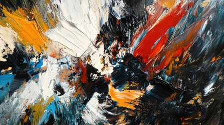Abstract close-up of multicolored oil paint strokes, featuring bold contrasts and intricate texture with thick impasto techniqueの素材