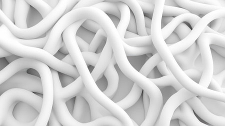 Abstract white 3D tubes intersecting and curving to form a complex and futuristic background with depthの素材