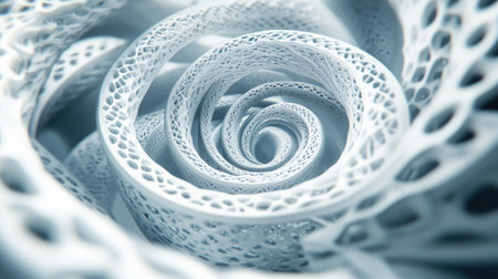 Abstract white 3D spirals intertwining to create a dynamic and futuristic background with soft gradients and depthの素材