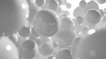 Clean white 3D spheres floating in space with soft shadows, creating a minimalist and elegant designの素材