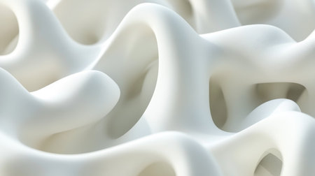 Curved white 3D shapes overlapping to form an organic and smooth abstract background with soft shadowsの素材