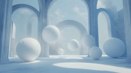 Clean white 3D spheres floating in space with soft shadows, creating a minimalist and elegant designの素材