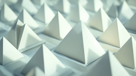 White 3D pyramid shapes arranged in a symmetrical pattern, casting soft shadows and creating a clean, geometric lookの素材