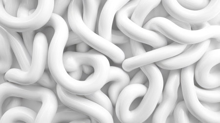 Abstract white 3D tubes intersecting and curving to form a complex and futuristic background with depthの素材