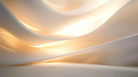 Minimalist white 3D background with overlapping layers of curved sheets and soft light effects for an elegant designの素材