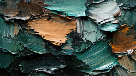 Moody oil paint texture with shades of dark green, brown, and gray, layered with rough strokes and deep shadows for a rustic feelの素材