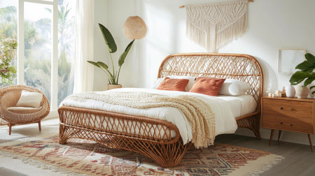 A bohemian bedroom featuring a rattan bed frame, a cozy rug, and macrame wall art. The natural elements bring warmth to the serene spaceの素材