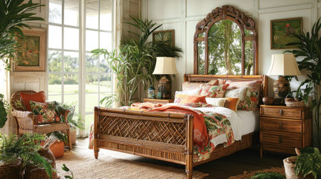A boho-chic bedroom featuring a rattan bed frame, matching decor, and layered textiles. A large mirror with a rattan frame adds eleganceの素材