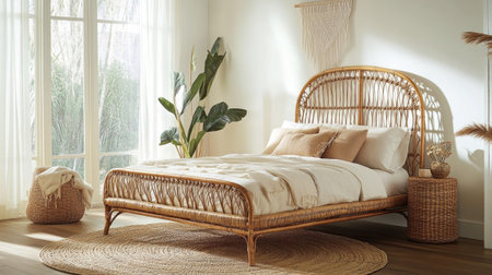 A bohemian bedroom featuring a rattan bed frame, a cozy rug, and macrame wall art. The natural elements bring warmth to the serene spaceの素材