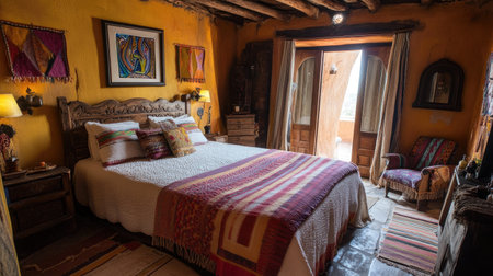 A boutique hotel room with a cozy double bed, soft textiles, and artistic accents. A small seating area provides comfort and convenienceの素材