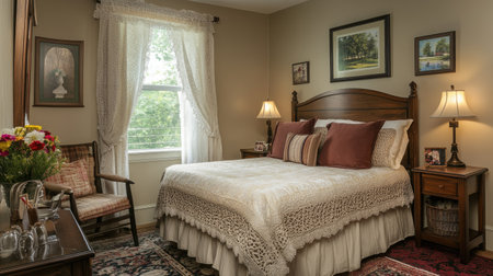 A boutique hotel room with a cozy double bed, soft textiles, and artistic accents. A small seating area provides comfort and convenienceの素材