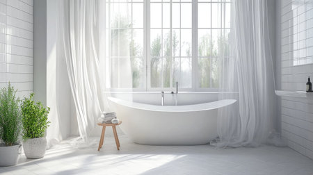 A bright bathroom with a rain shower, a soaking bathtub by a window with sheer curtains, and sleek white tiles. Natural light enhances the soothing ambianceの素材