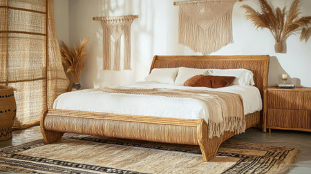 A bohemian bedroom featuring a rattan bed frame, a cozy rug, and macrame wall art. The natural elements bring warmth to the serene spaceの素材