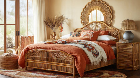 A boho-chic bedroom featuring a rattan bed frame, matching decor, and layered textiles. A large mirror with a rattan frame adds eleganceの素材