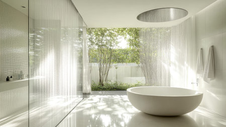 A bright and elegant bathroom with a rainfall shower, a sleek freestanding tub by a window, and minimalist white decor. Natural light highlights the designの素材