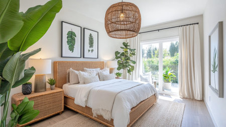 A bright and tranquil bedroom with a rattan headboard, cozy bedding, and greenery. Woven pendant lighting adds a rustic yet modern touchの素材