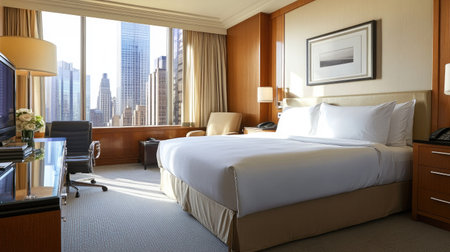 A bright, spacious hotel bedroom with a minimalist aesthetic, featuring a king-size bed, warm wood finishes, and a panoramic window viewの素材