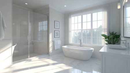 A bright, modern bathroom with a glass-enclosed shower, a freestanding bathtub near a large window, and sleek white finishes. Sunlight streams in, creating a serene vibeの素材
