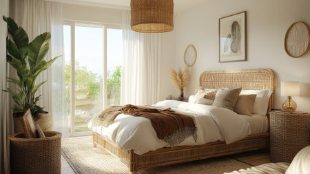 A bright and airy bedroom featuring a rattan bed frame, wicker storage baskets, and boho-inspired decor. The space is warm and invitingの素材