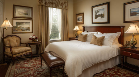 A boutique hotel room with a cozy double bed, soft textiles, and artistic accents. A small seating area provides comfort and convenienceの素材