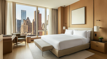 A bright, modern hotel bedroom with floor-to-ceiling windows, a comfortable bed, and sleek furniture. The neutral decor adds a touch of eleganceの素材