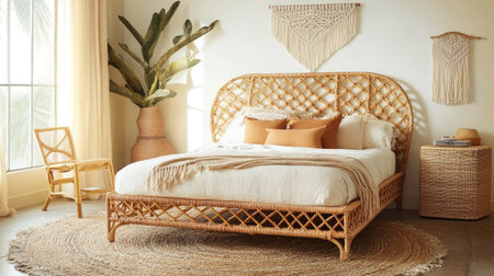 A bohemian bedroom featuring a rattan bed frame, a cozy rug, and macrame wall art. The natural elements bring warmth to the serene spaceの素材