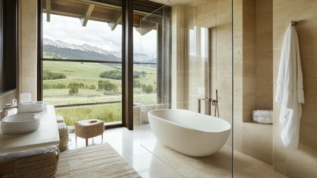 A chic bathroom featuring a modern bathtub near a panoramic window, a glass-enclosed shower, and soft, neutral decor. Subtle details complete the lookの素材