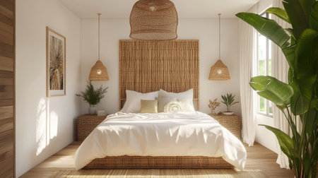 A bright and tranquil bedroom with a rattan headboard, cozy bedding, and greenery. Woven pendant lighting adds a rustic yet modern touchの素材