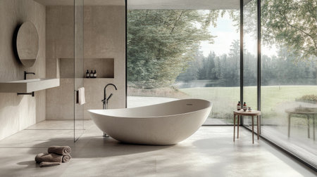 A chic bathroom featuring a modern bathtub near a panoramic window, a glass-enclosed shower, and soft, neutral decor. Subtle details complete the lookの素材