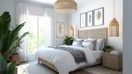 A bright and tranquil bedroom with a rattan headboard, cozy bedding, and greenery. Woven pendant lighting adds a rustic yet modern touchの素材
