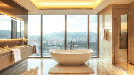 A chic bathroom featuring a modern bathtub near a panoramic window, a glass-enclosed shower, and soft, neutral decor. Subtle details complete the lookの素材